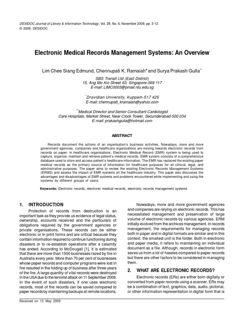 Electronic Medical Records Management Systems PDF Electronic Health