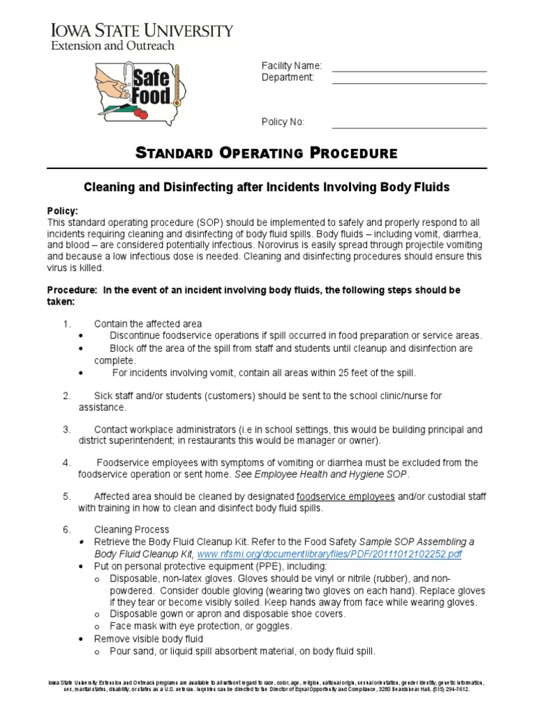 SOP CleaningDisinfecting After Incidents Involving Body Fluids PDF