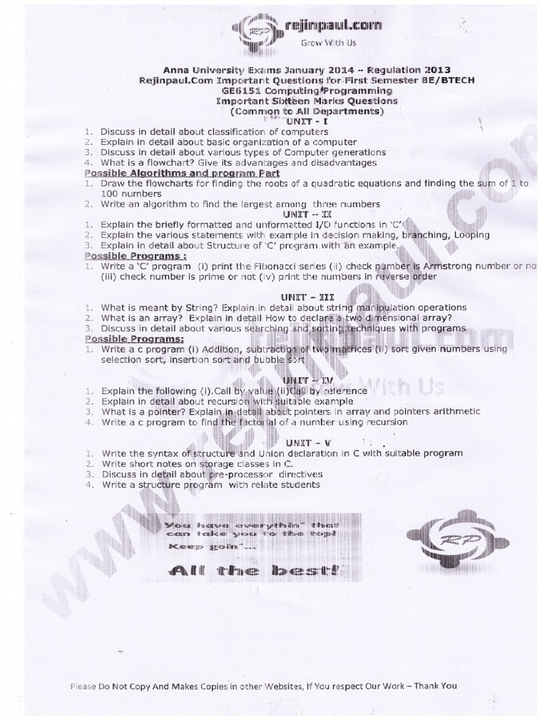 Rejinpaul Computer Programming Important Questions PDF | PDF ...