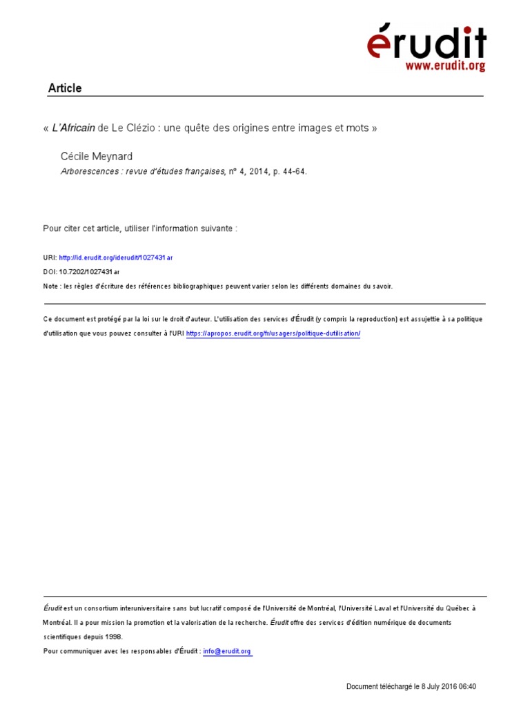 L'africain Le Clézio Résumé Par Chapitre