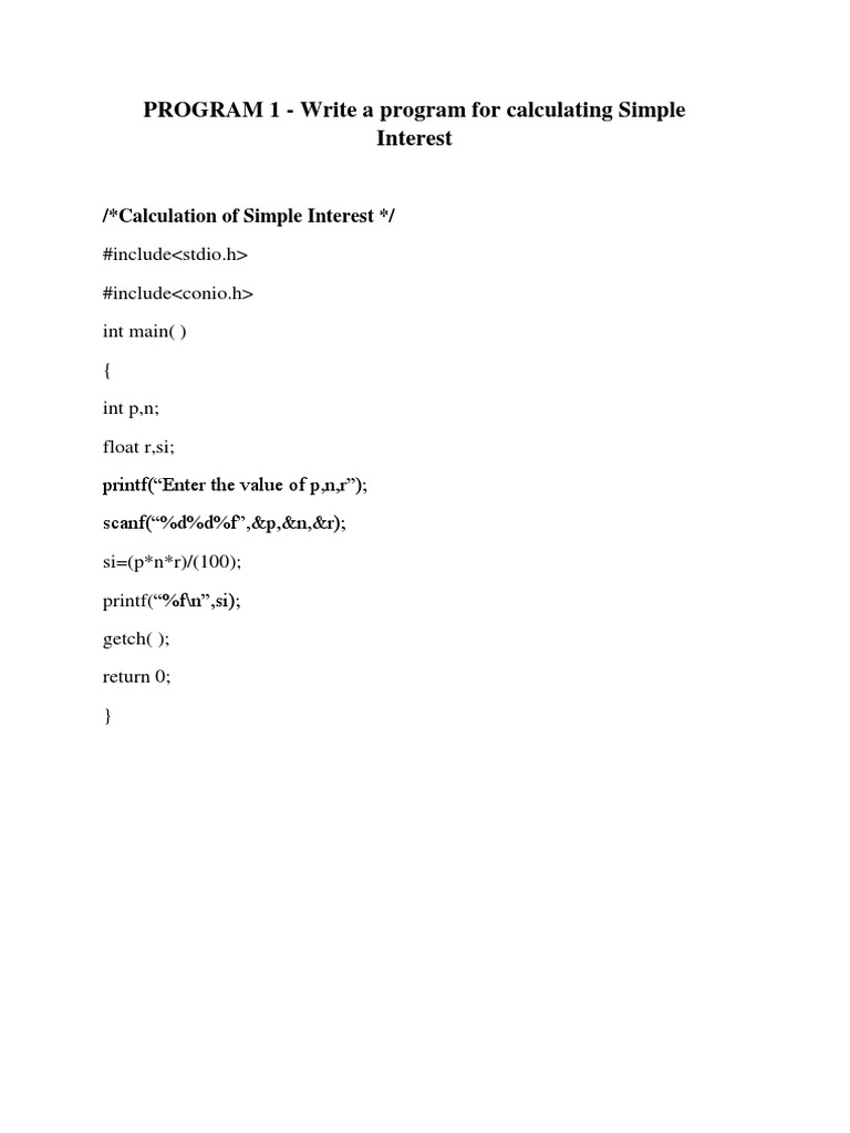 PROGRAM 1 - Write A Program For Calculating Simple Interest | PDF