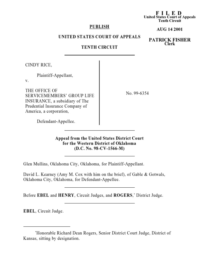 Rice v. Servicemembers' Life, 260 F.3d 1240, 10th Cir. (2001) PDF