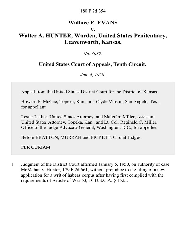 Wallace E. Evans v. Walter A. Hunter, Warden, United States