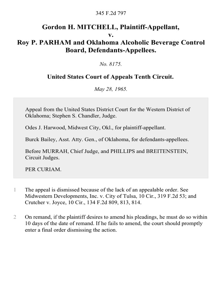 Gordon H. Mitchell v. Roy P. Parham and Oklahoma Alcoholic Beverage ...