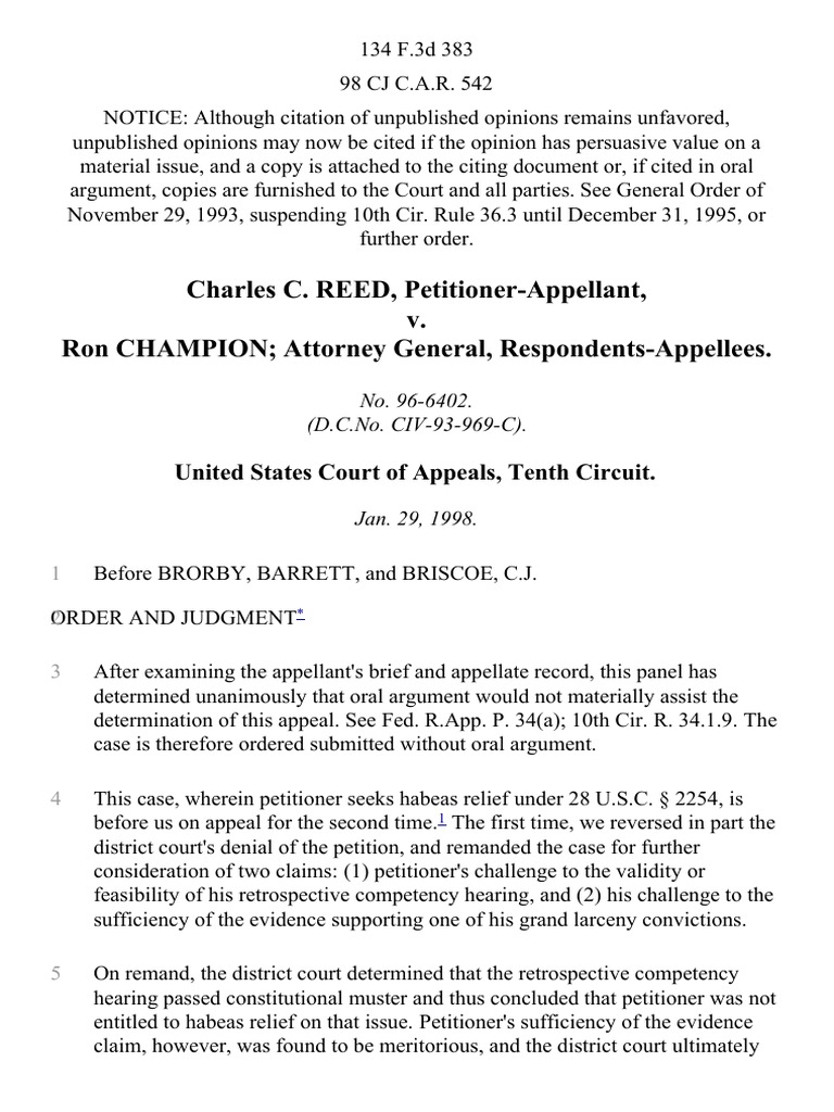 Charles C. Reed v. Ron Champion Attorney General, 134 F.3d 383, 10th ...