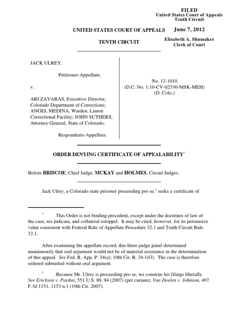 Ulrey v. Zavaras, 10th Cir. (2012) Strickland V. Washington Plea