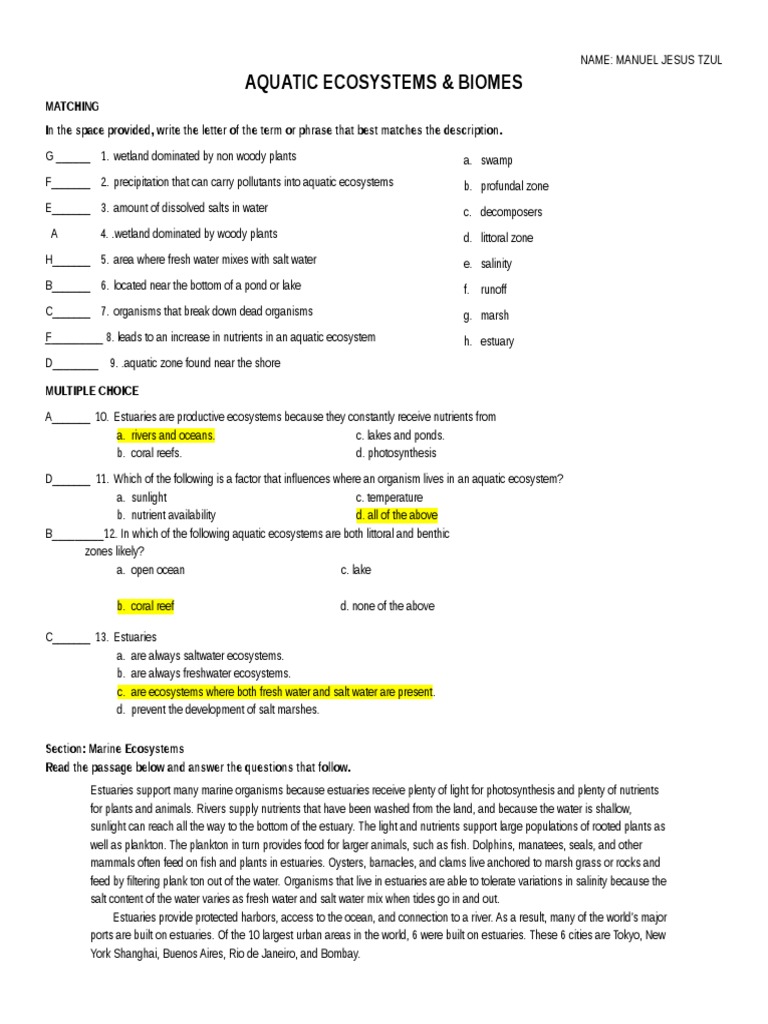 Aquatic Ecosystems Biomes Ws Manuel Tzul | PDF | Aquatic Ecosystem | Fishery