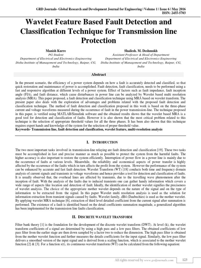 Wavelet Feature Based Fault Detection and Classification Technique For ...