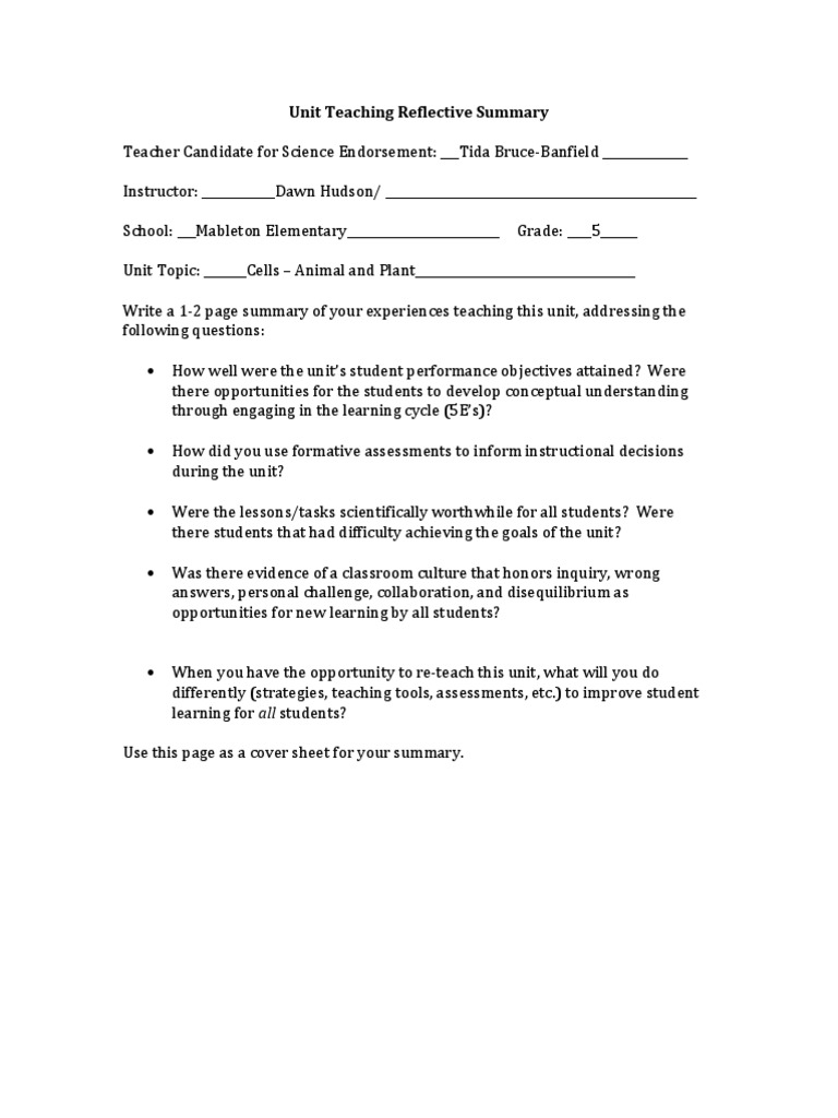 Unit Teaching Reflective Summary Updated MSP k5 Science Endorsement
