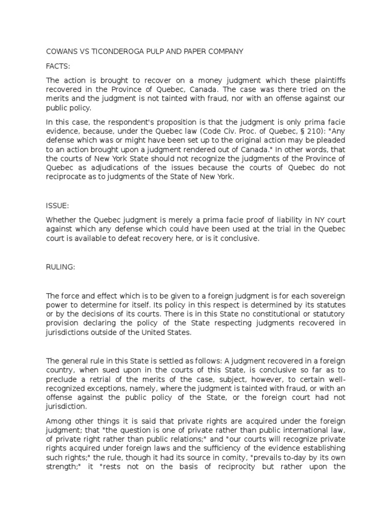 Cowans Vs Ticonderoga PDF Comity Judgment (Law)