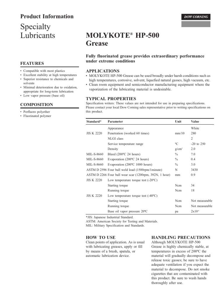 Specialty Lubricants Molykote HP500 Grease PDF Lubricant Materials