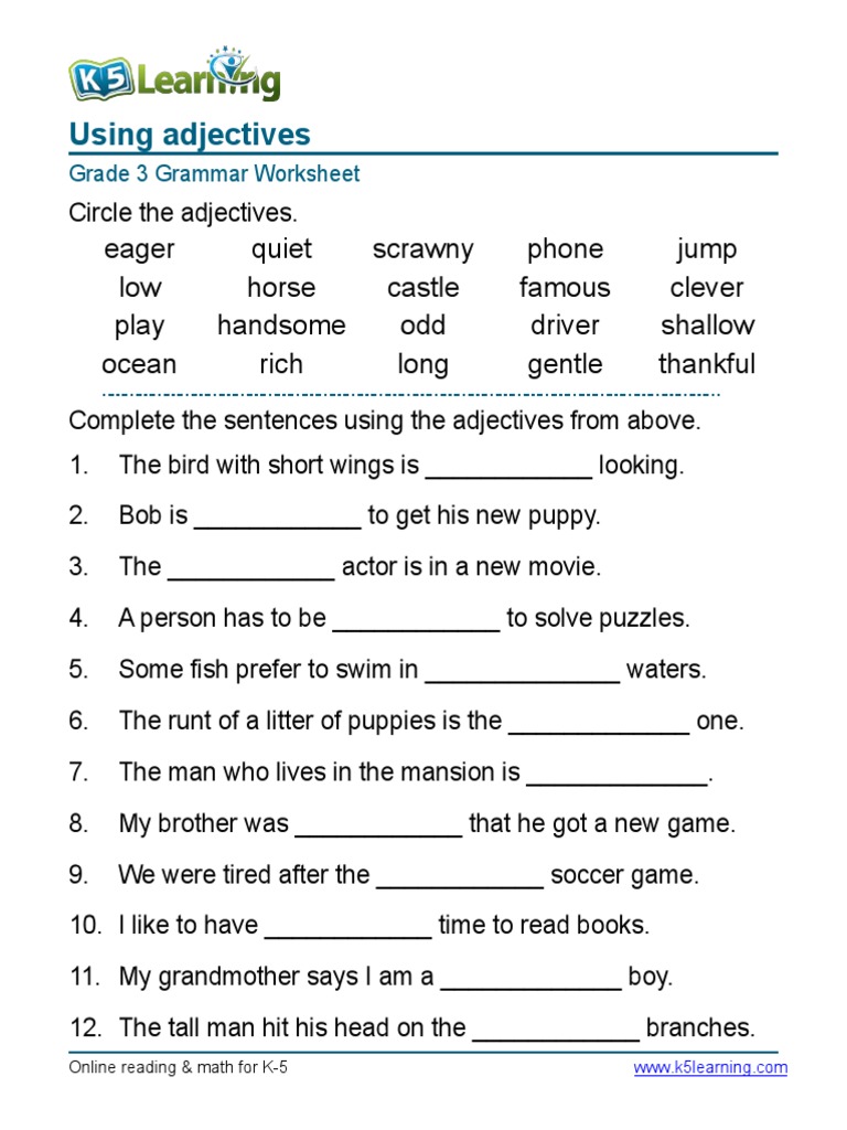 Worksheets Grammar Worksheets For 3rd Grade grade 3 grammar worksheets switchconf worksheet adjectives sentences 1 pdf