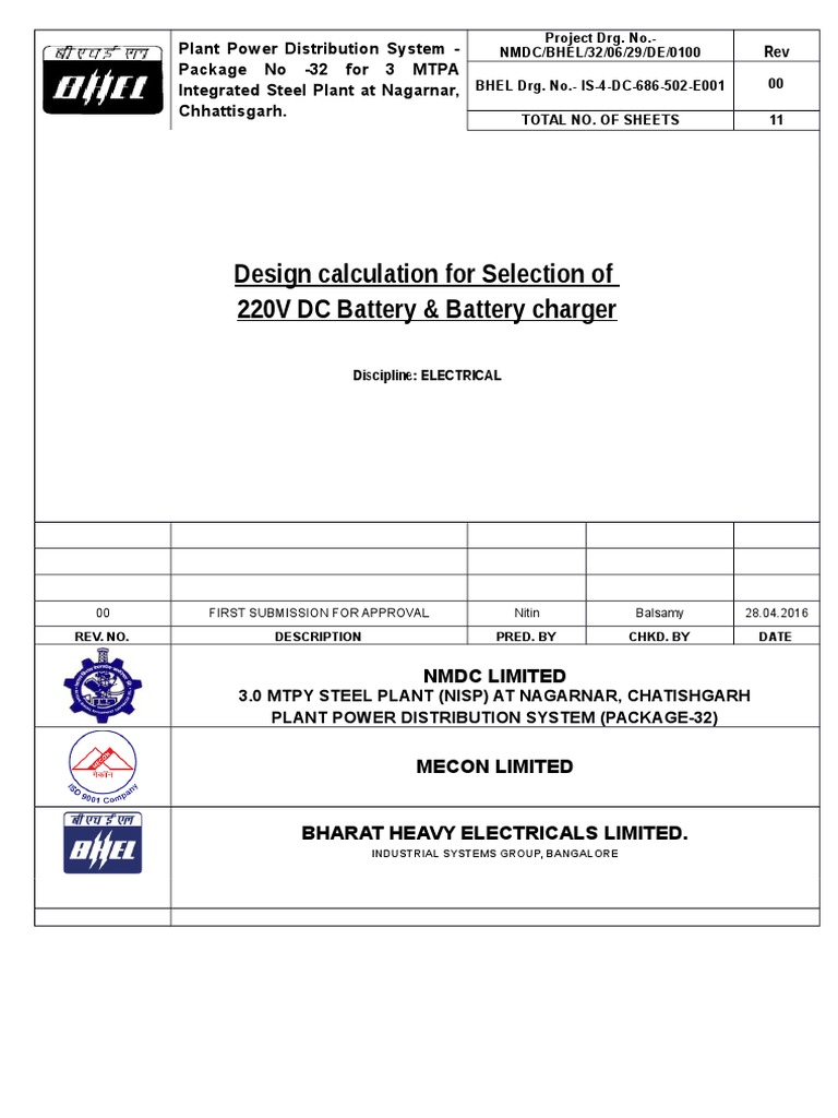 Design Calculation For Selection of 220V DC Battery & Battery Charger PDF