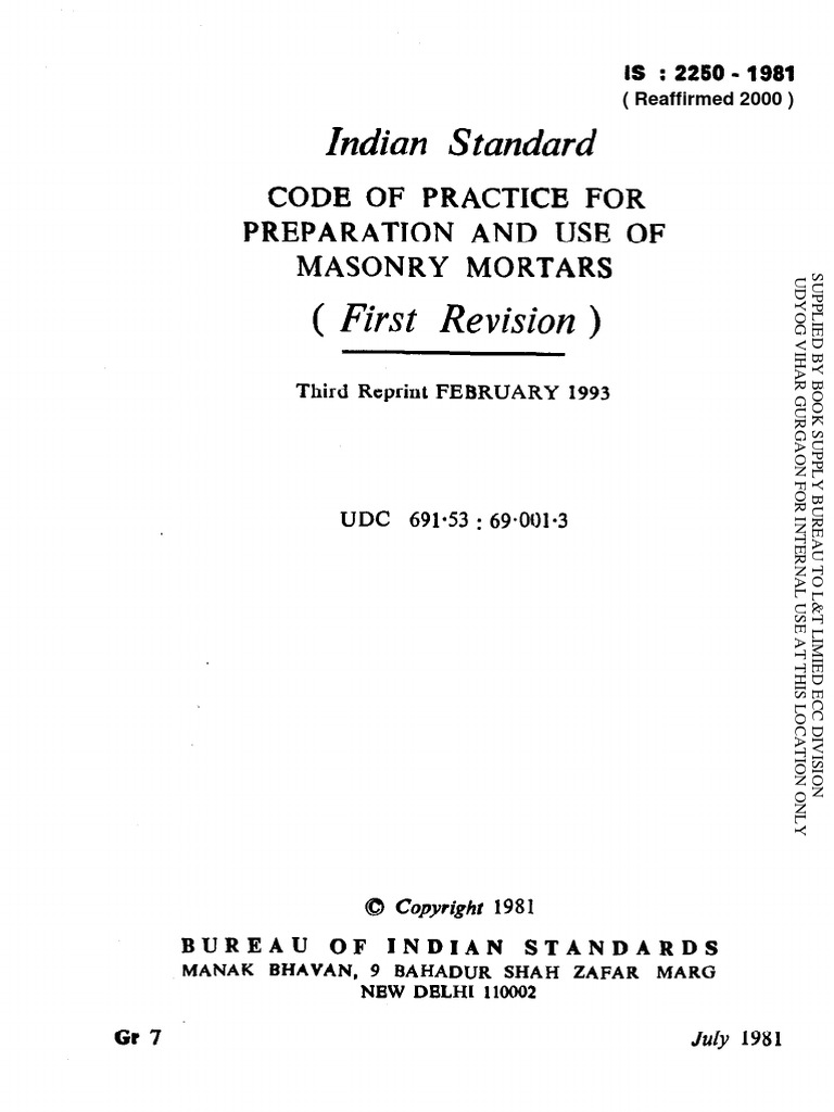 Indian Standard Code of Practice For Preparation and Use of Masonry