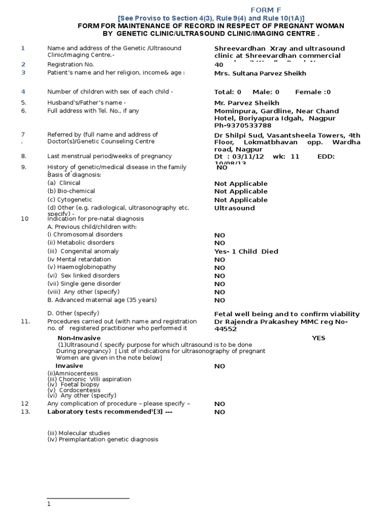 Form F for Prenatal Ultrasound Records | PDF | Medical Ultrasound ...