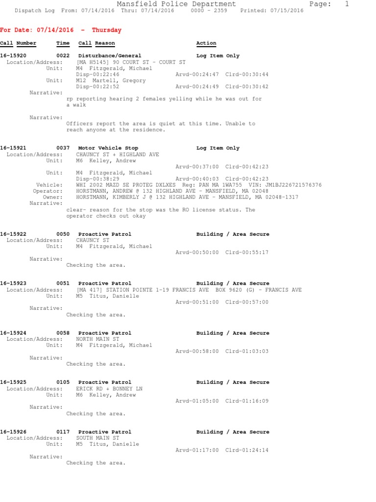 Police Log July 14, 2016 | PDF | Vehicles | Automobiles