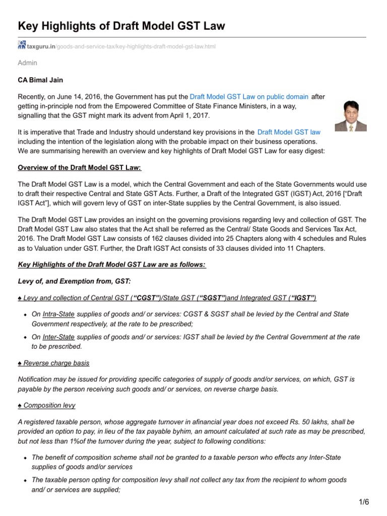 GST BILL Highlights of Draft Model GST Law | PDF | Value Added Tax ...