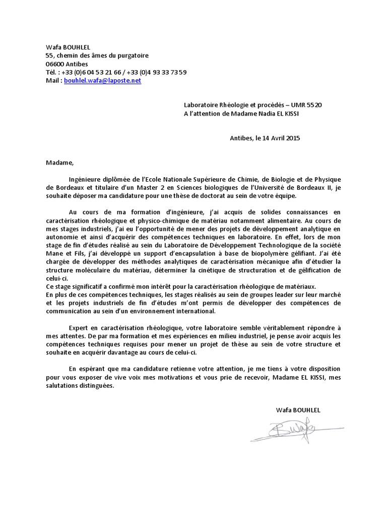 Lettre De Motivation Master Chimie Des Matériaux