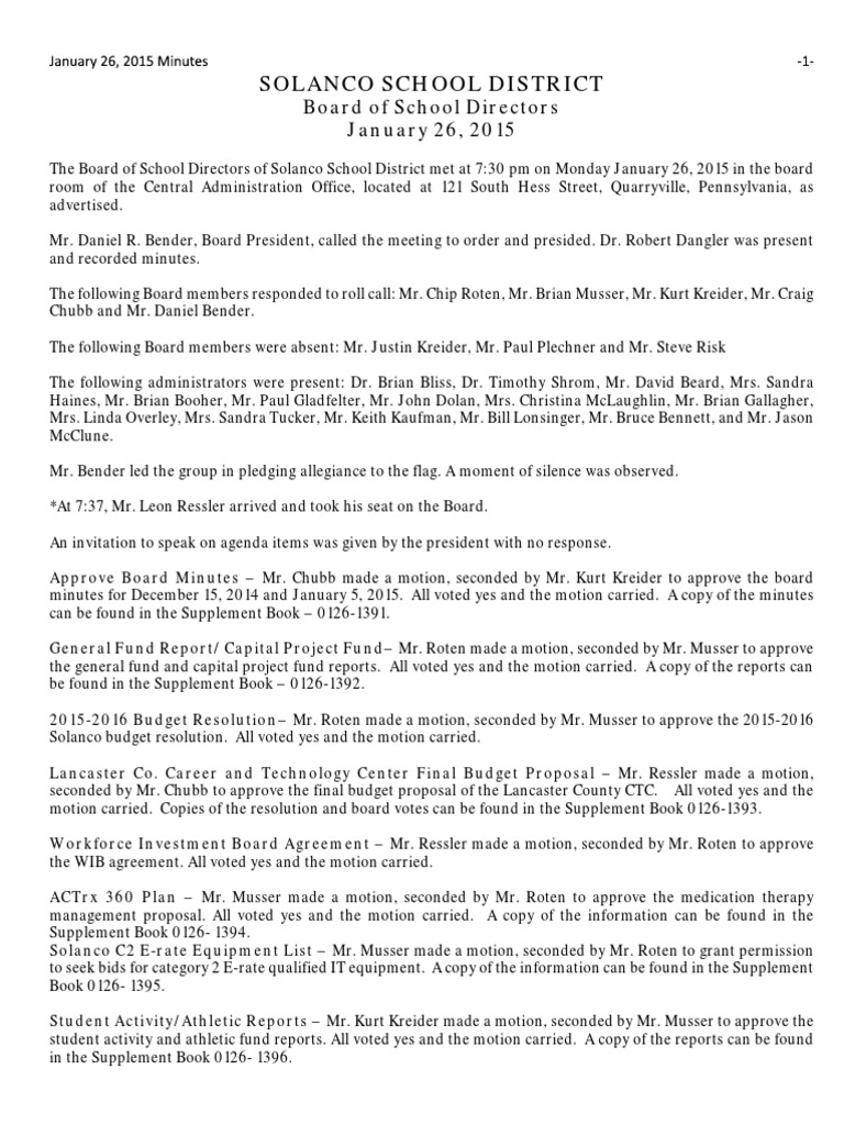 Solanco School District Board of School Directors January 26, 2015