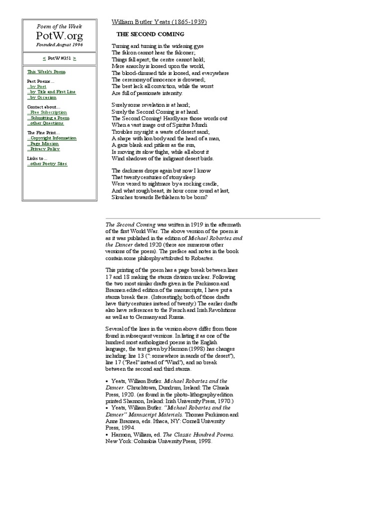William Butler Yeats The Second Coming Poetry Fiction & Literature