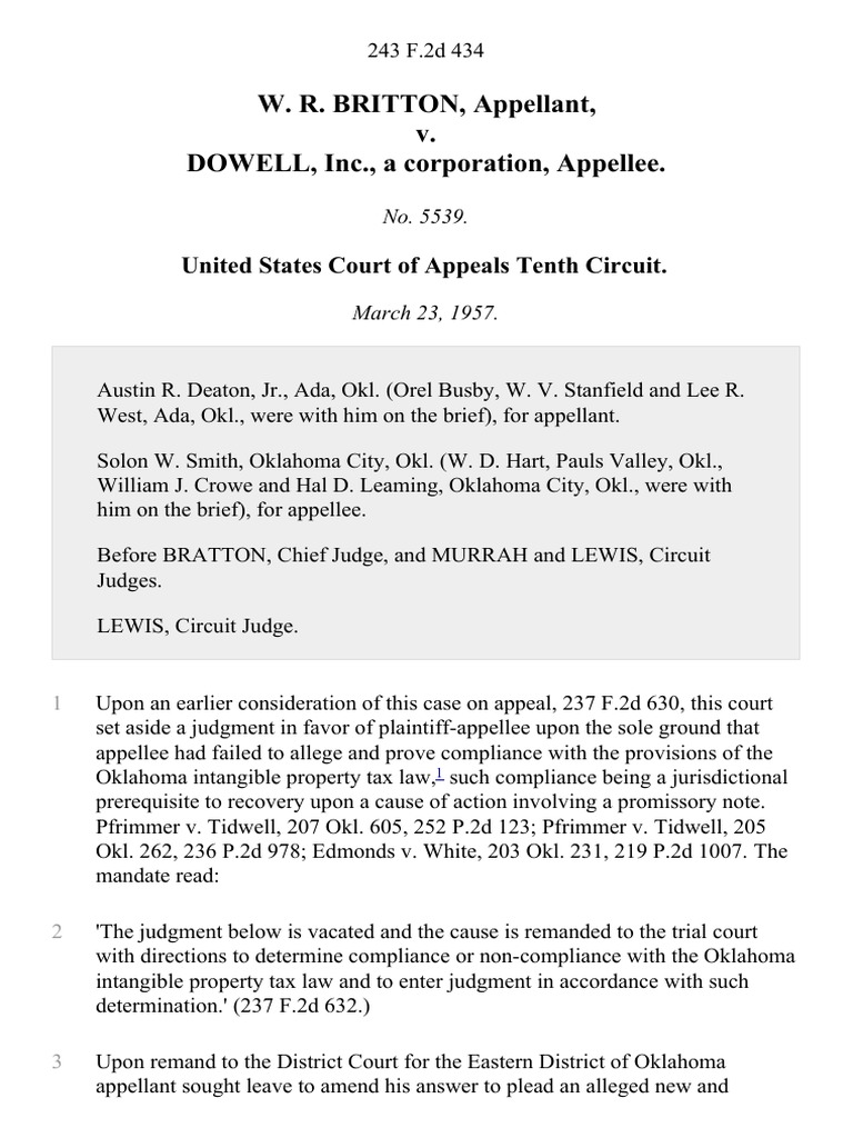 W. R. Britton v. Dowell, Inc., A Corporation, 243 F.2d 434, 10th Cir