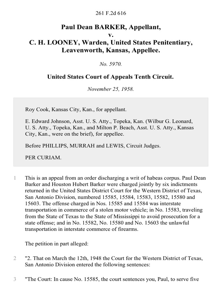 Paul Dean Barker v. C. H. Looney, Warden, United States Penitentiary