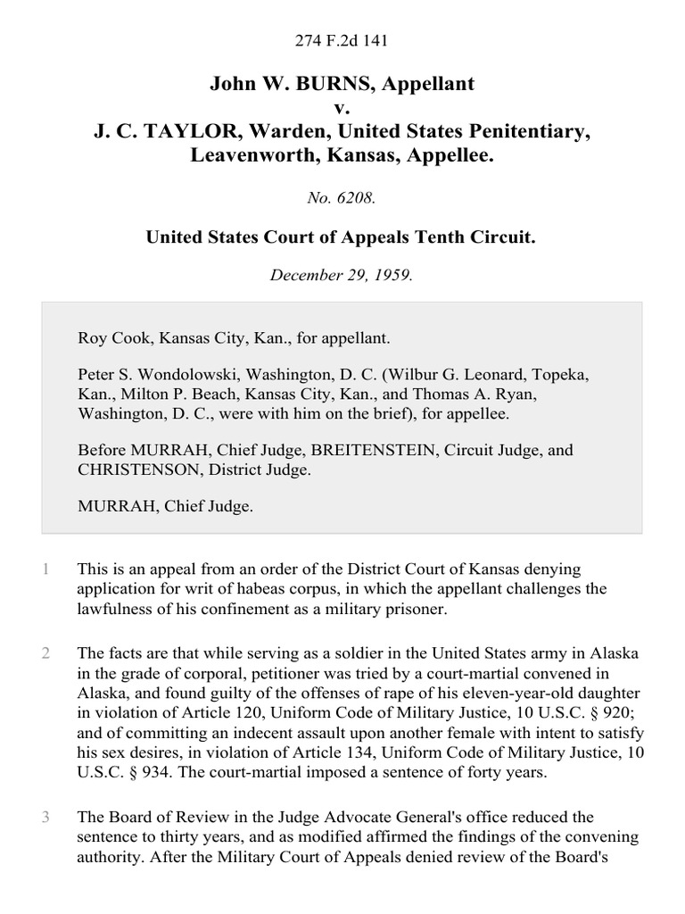 John W. Burns v. J. C. Taylor, Warden, United States Penitentiary