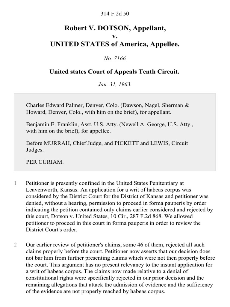 Robert v. Dotson v. United States, 314 F.2d 50, 10th Cir. (1963) | PDF