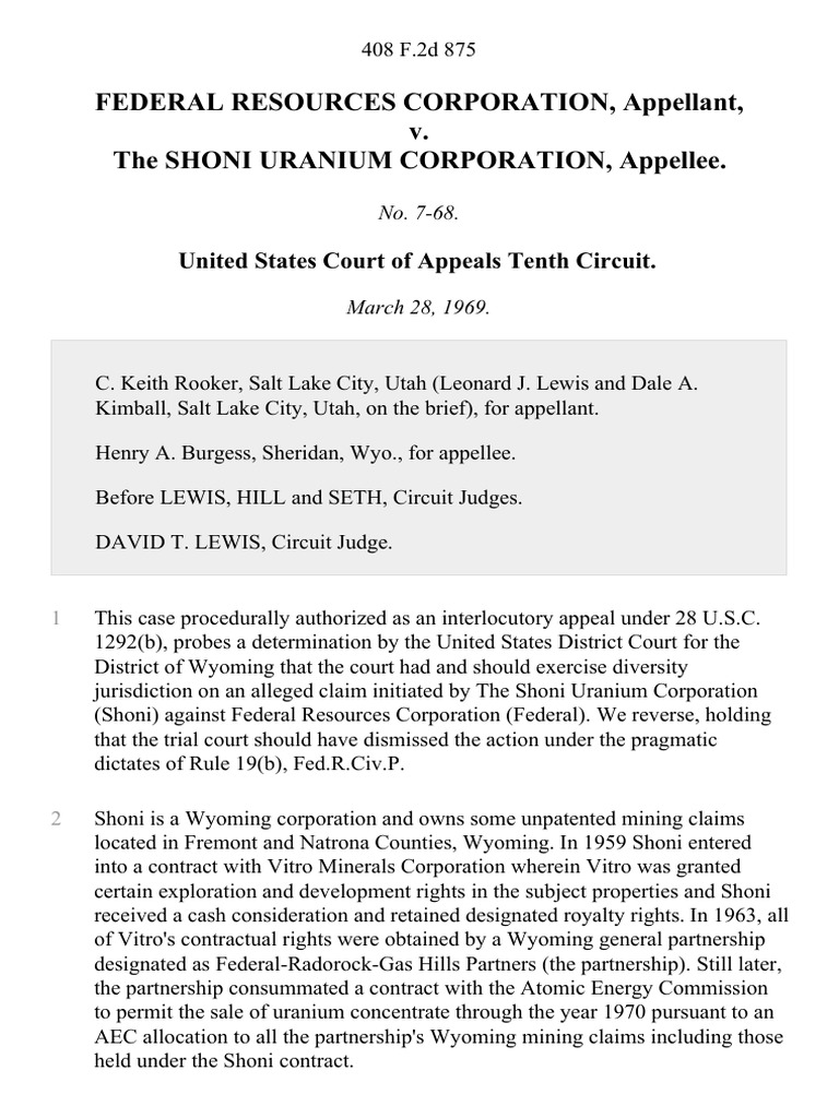 Federal Resources Corporation v. The Shoni Uranium Corporation, 408 F.2d 875, 10th Cir. (1969