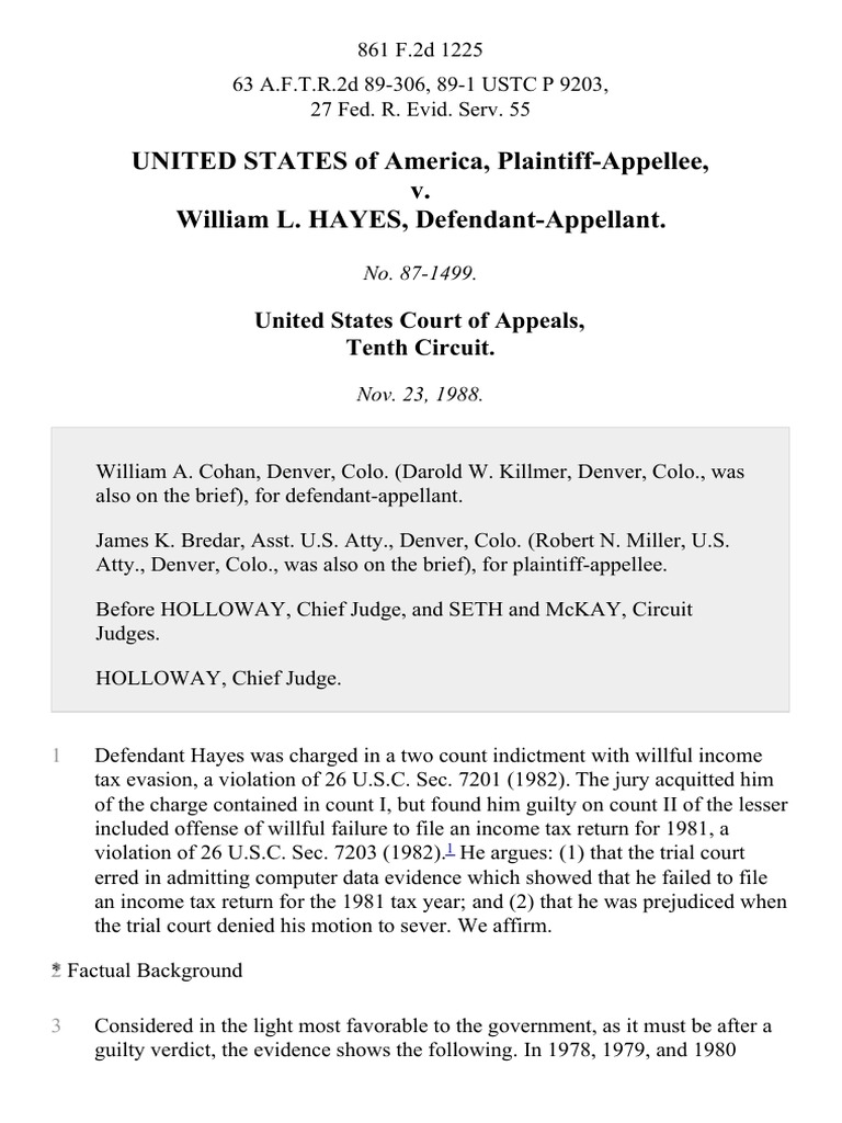 United States v. William L. Hayes, 861 F.2d 1225, 10th Cir. (1988