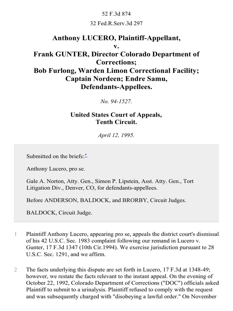 Anthony Lucero v. Frank Gunter, Director Colorado Department of