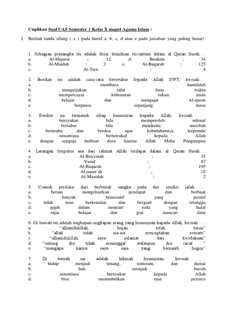 Cuplikan Soal UAS Semester 1 Kelas X Mapel Agama Islam