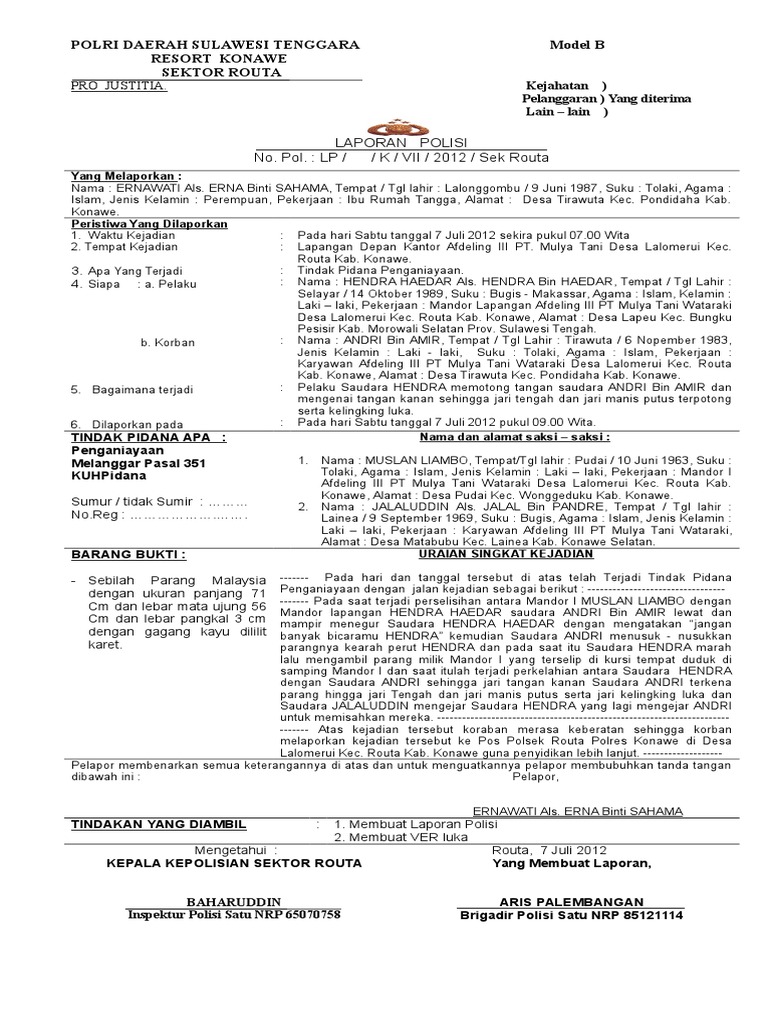 Laporan Polisi Model B Kasus Penganiayaan | PDF