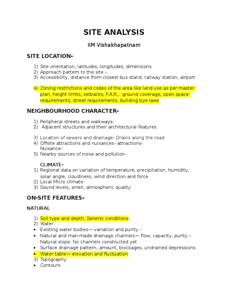 Comprehensive Site Analysis Checklist | PDF | Drainage | Lighting