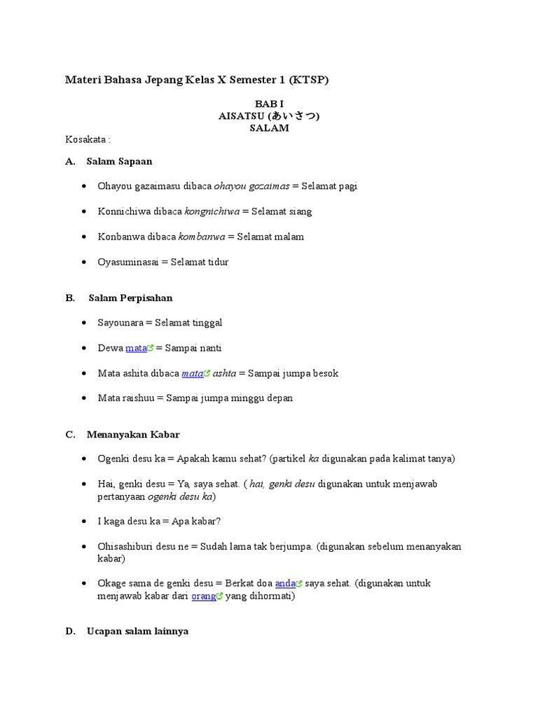 Materi Bahasa Jepang Kelas X Semester 1