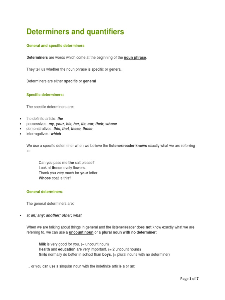 TKT-Determiners and Quantifiers | PDF | Noun | Grammatical Number