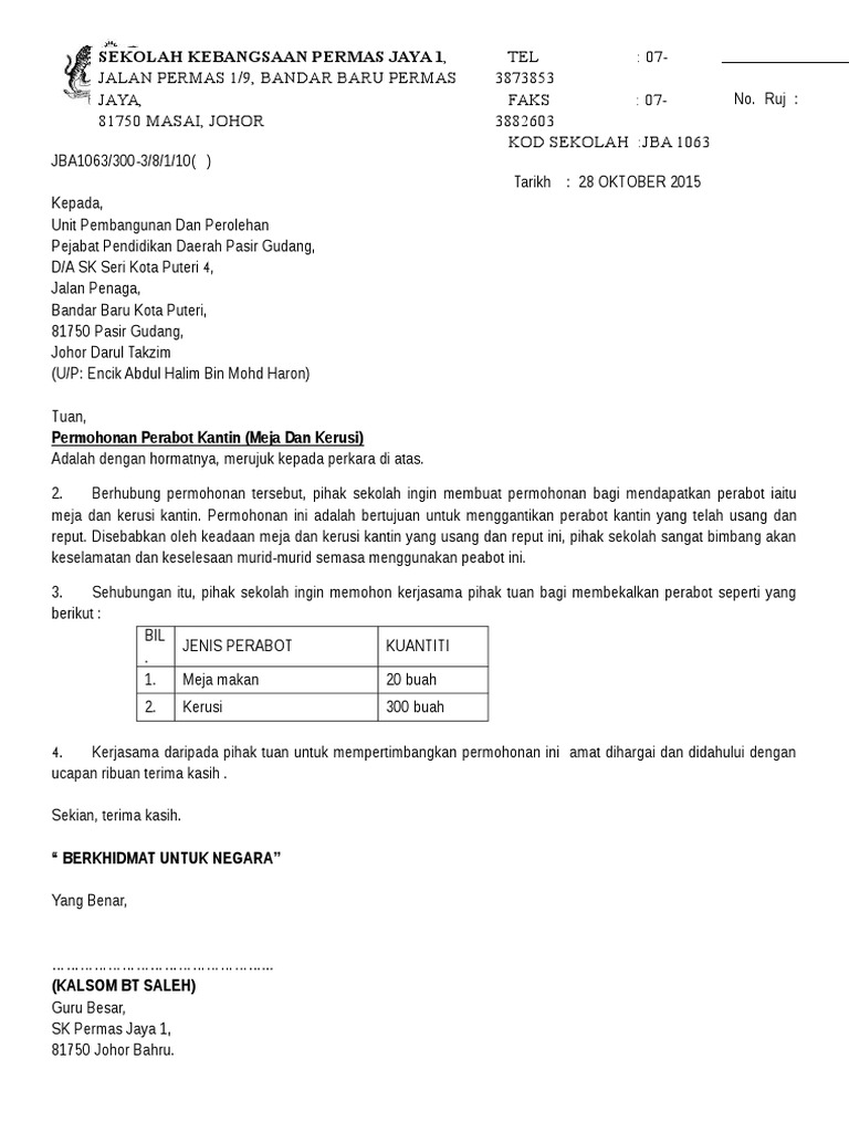 Contoh Surat Mohon Sumbangan Membaiki Kantin Sekolah