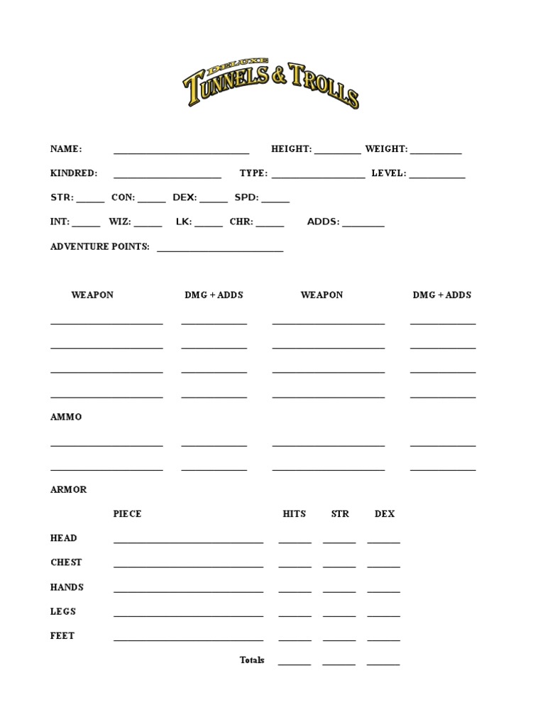 Deluxe Tunnels & Trolls Character Sheet | PDF