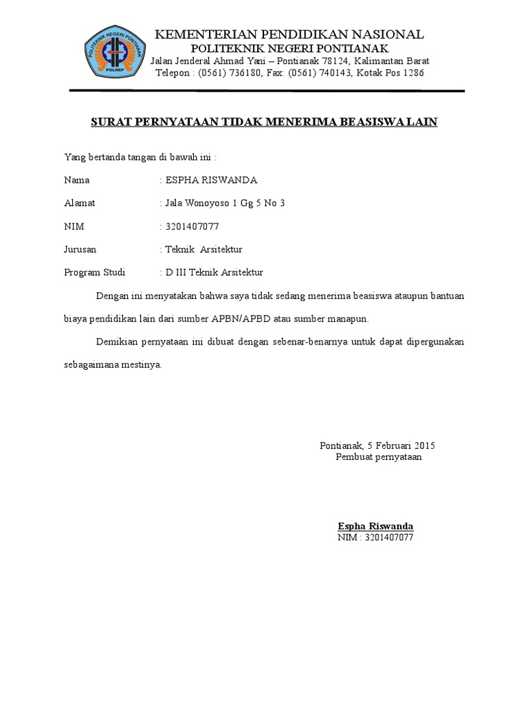 Contoh Surat 16 Contoh Surat Pernyataan Tidak Menerima Beasiswa Dari