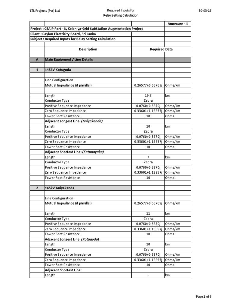 Required Inputs For Relay Setting Calculation PDF Electrical