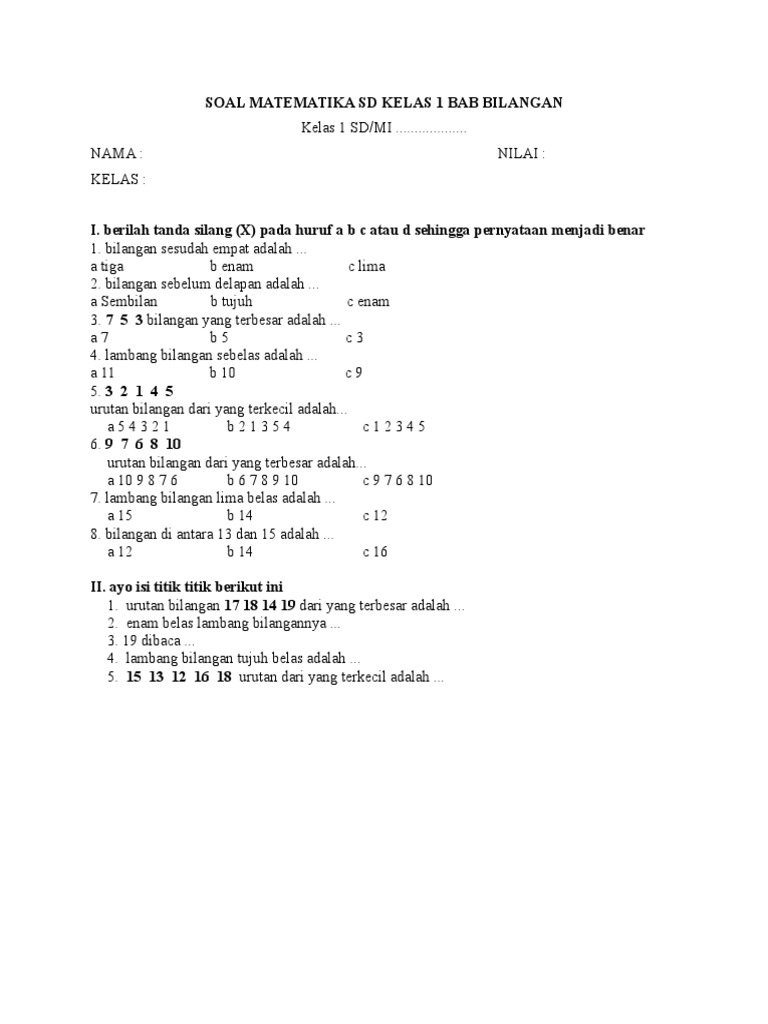 Soal Matematika Sd Kelas 1 Bab Bilangan