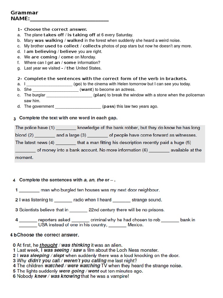 Grammar Exercise: Verb Tenses and Forms | PDF | Language Arts ...