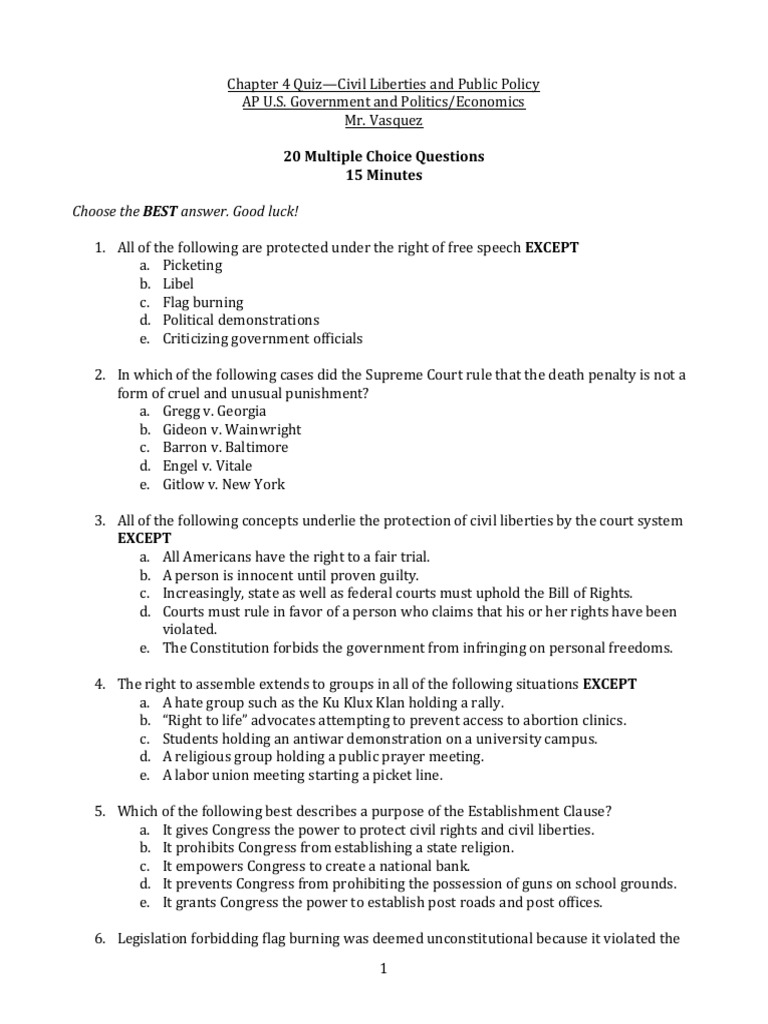 Chapter 4 Quiz-Civil Liberties and Public Policy PDF | Fourteenth