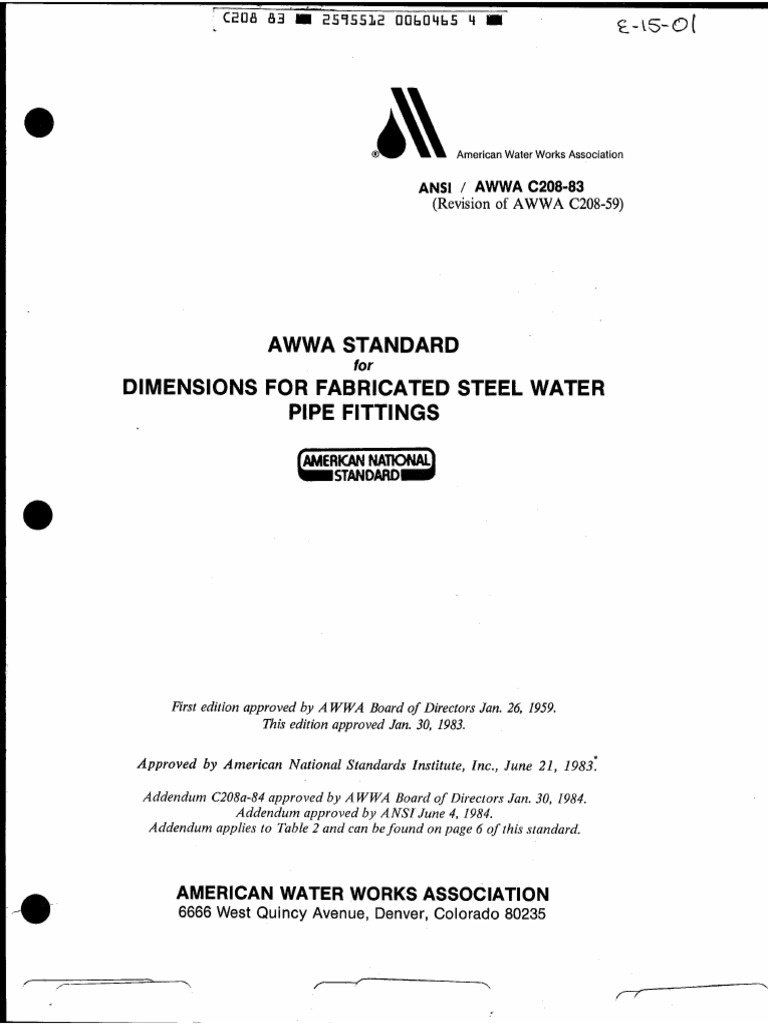 AWWA C208 83 Dimensions For Fabricated Steel Water Pipe Fittings