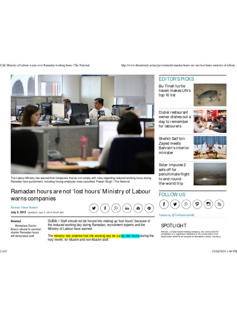 UAE Warns Over Ramadan Working Hours United Arab Emirates Dubai