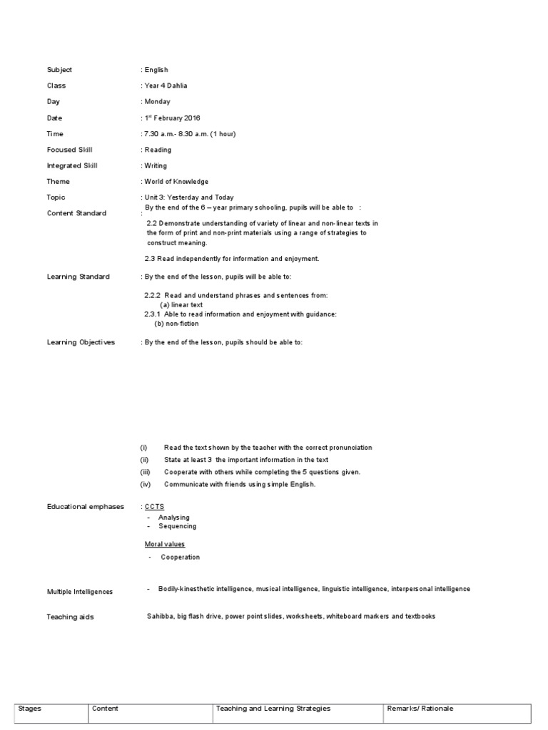 Year 4 English Lesson Plan: Reading Skills | PDF | Usb Flash Drive ...