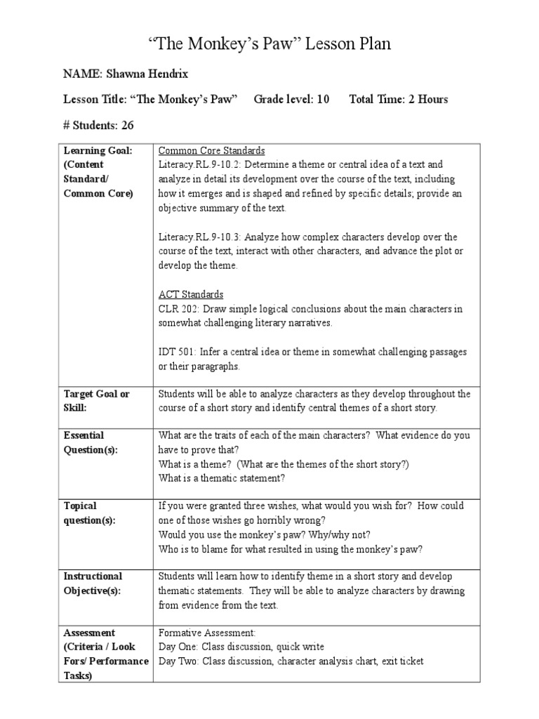 The Monkeys Paw Lesson Plan | PDF | Lesson Plan | Common Core 