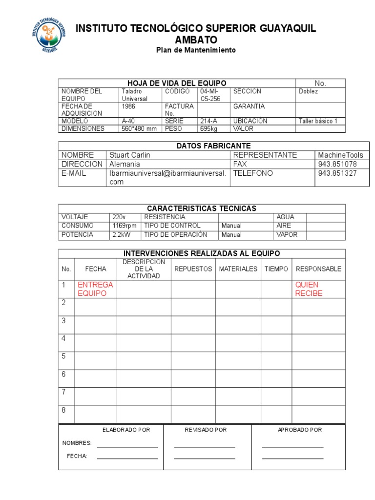 Formato Plan De Mantenimiento Preventivo Bienes Manufacturados