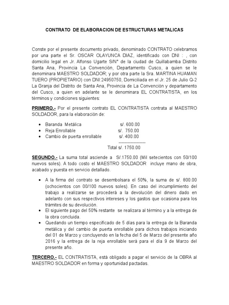 Contrato de Elaboracion de Estructuras Metalicas | PDF | Virtud |  Información del gobierno