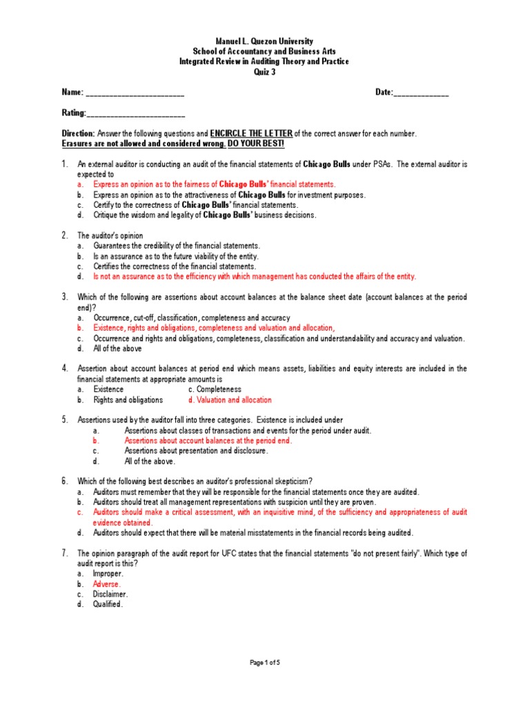Auditing Theory and Practice Quiz | PDF | Financial Audit | Auditor's ...